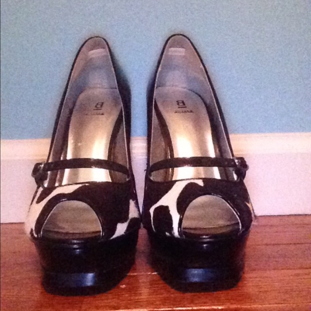 Bakers Eloise Black Cow Print Open Toe Heels